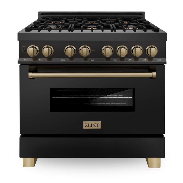 ZLINE Autograph Package - 36" Dual Fuel Range, Range Hood, Refrigerator, Microwave and Dishwasher in Black Stainless Steel with Bronze Accents