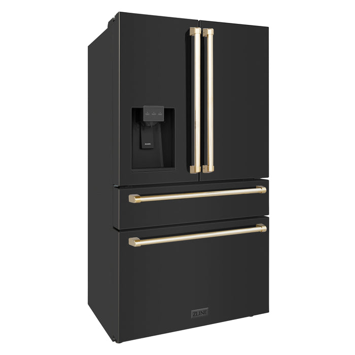 ZLINE Autograph Package - 36" Dual Fuel Range, Range Hood, Refrigerator with Water & Ice Dispenser, Dishwasher in Black Stainless, Gold Accents