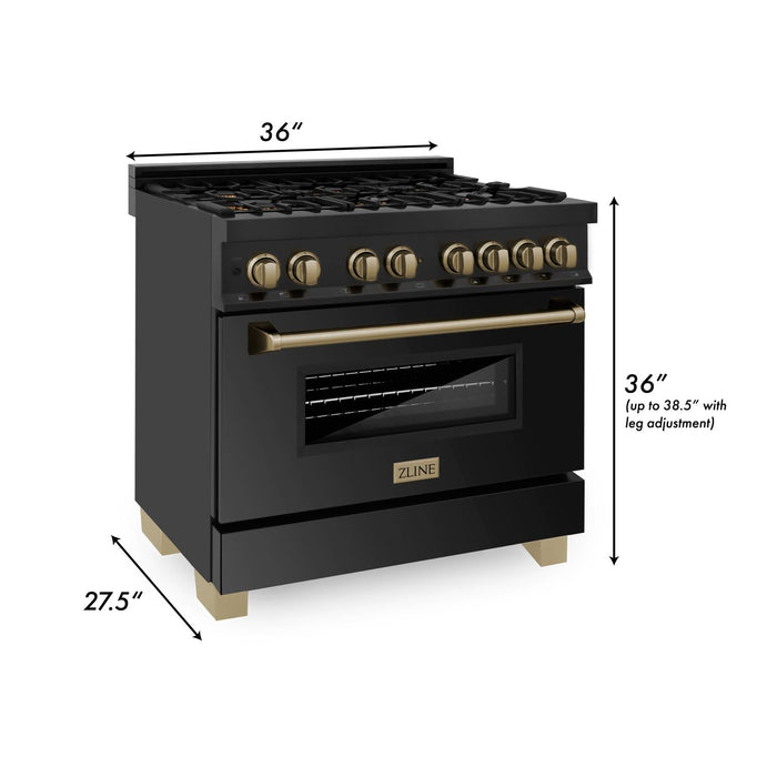 ZLINE Autograph Package - 36" Dual Fuel Range, Range Hood, Refrigerator with Water & Ice Dispenser, Dishwasher in Black Stainless with Bronze Accents