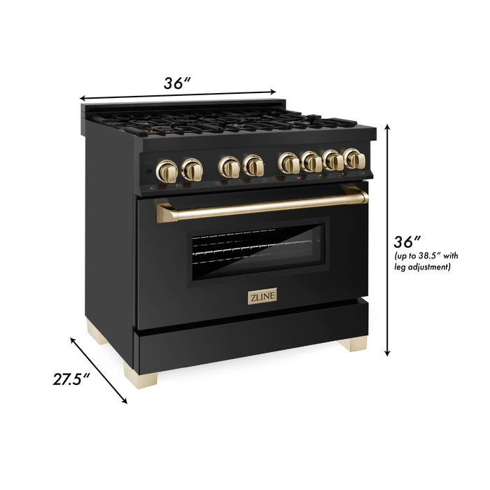 ZLINE Autograph Package - 36" Dual Fuel Range, Range Hood, Refrigerator with Water and Ice Dispenser, Microwave and Dishwasher in Black Stainless Steel with Gold Accents