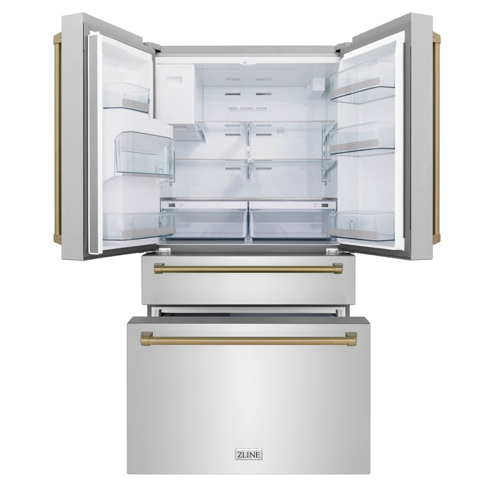 ZLINE Autograph Package - 36" Dual Fuel Range, Range Hood, Refrigerator with Water and Ice Dispenser, Microwave and Dishwasher in Stainless Steel with Bronze Accents