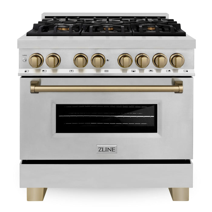 ZLINE Autograph Package - 36" Dual Fuel Range, Range Hood, Refrigerator with Water and Ice Dispenser, Microwave and Dishwasher in Stainless Steel with Bronze Accents