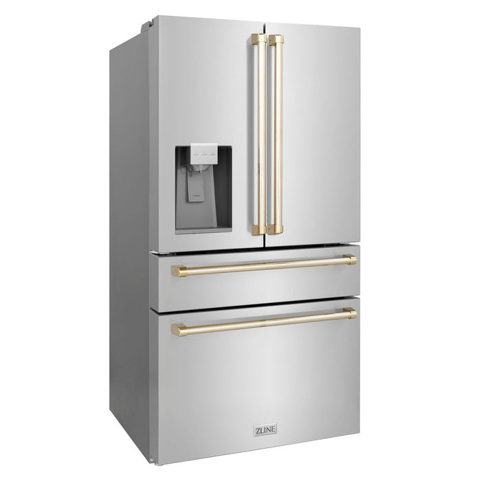 ZLINE Autograph Package - 36" Dual Fuel Range, Range Hood, Refrigerator with Water and Ice Dispenser, Microwave and Dishwasher in Stainless Steel with Gold Accents