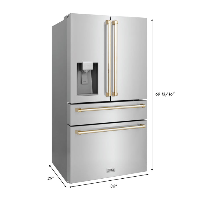 ZLINE Autograph Package - 36" Dual Fuel Range, Range Hood, Refrigerator with Water and Ice Dispenser, Microwave and Dishwasher in Stainless Steel with Gold Accents