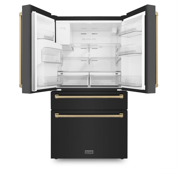 ZLINE Autograph Package - 36" Gas Range, Range Hood, Dishwasher, Refrigerator with Water & Ice Dispenser with Bronze Accents