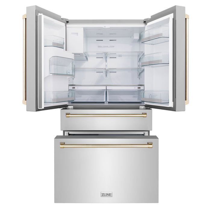 ZLINE Autograph Package - 36" Gas Range, Range Hood, Refrigerator with Water & Ice Dispenser, Dishwasher with Gold Accents