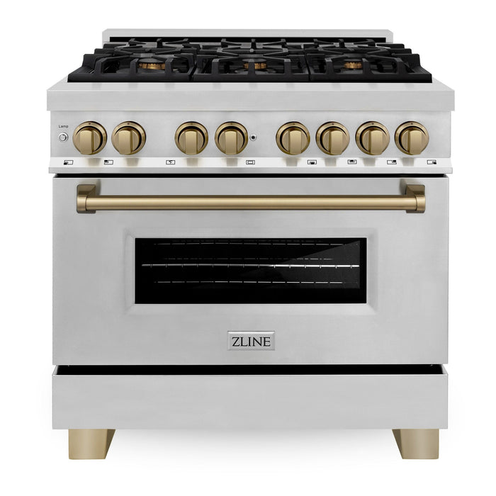 ZLINE Autograph Package - 36 In. Dual Fuel Range, Range Hood, Dishwasher, Refrigerator with Champagne Bronze Accents, 4KAPR-RARHDWM36-CB