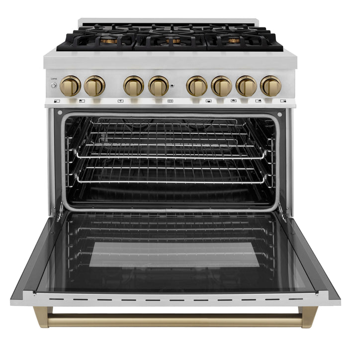 ZLINE Autograph Package - 36 In. Dual Fuel Range, Range Hood, Dishwasher, Refrigerator with Champagne Bronze Accents, 4KAPR-RARHDWM36-CB