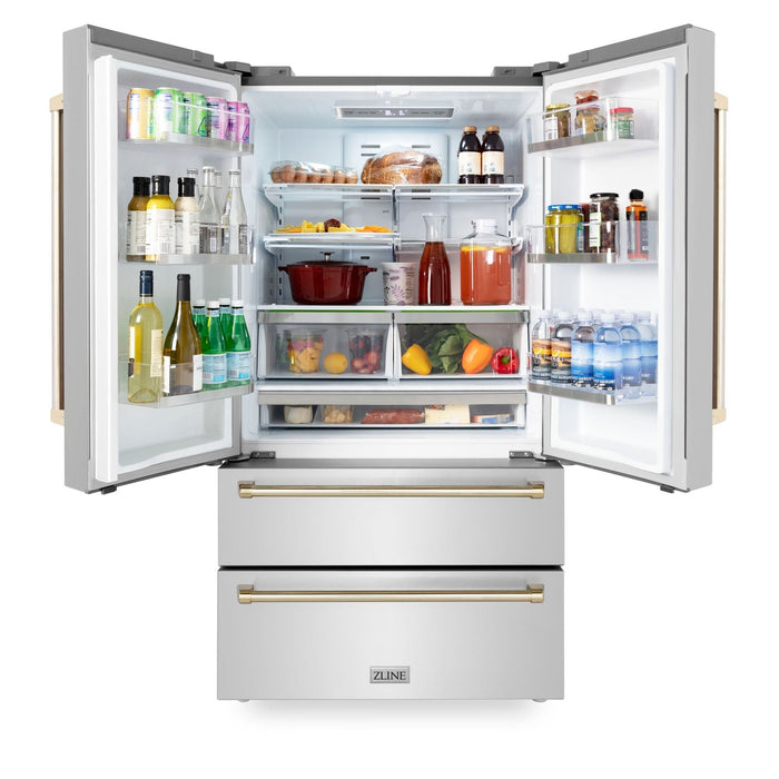 ZLINE Autograph Package - 36 In. Dual Fuel Range, Range Hood, Dishwasher, Refrigerator with Gold Accents, 4KAPR-RARHDWM36-G