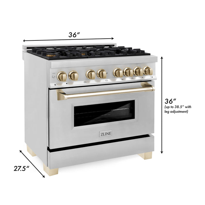 ZLINE Autograph Package - 36 In. Dual Fuel Range, Range Hood, Dishwasher, Refrigerator with Gold Accents, 4KAPR-RARHDWM36-G