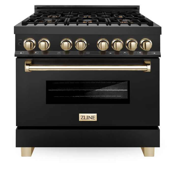 ZLINE Autograph Package - 36 In. Dual Fuel Range, Range Hood, Dishwasher in Black Stainless Steel with Gold Accent, 3AKP-RABRHDWV36-G