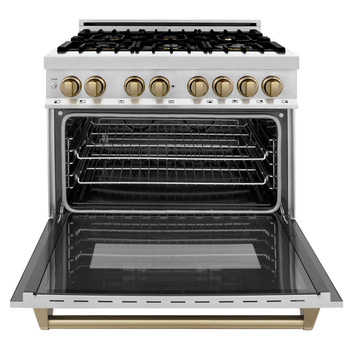 ZLINE Autograph Package - 36 In. Dual Fuel Range, Range Hood, Dishwasher in Stainless Steel with Champagne Bronze Accents, 3AKP-RARHDWM36-CB