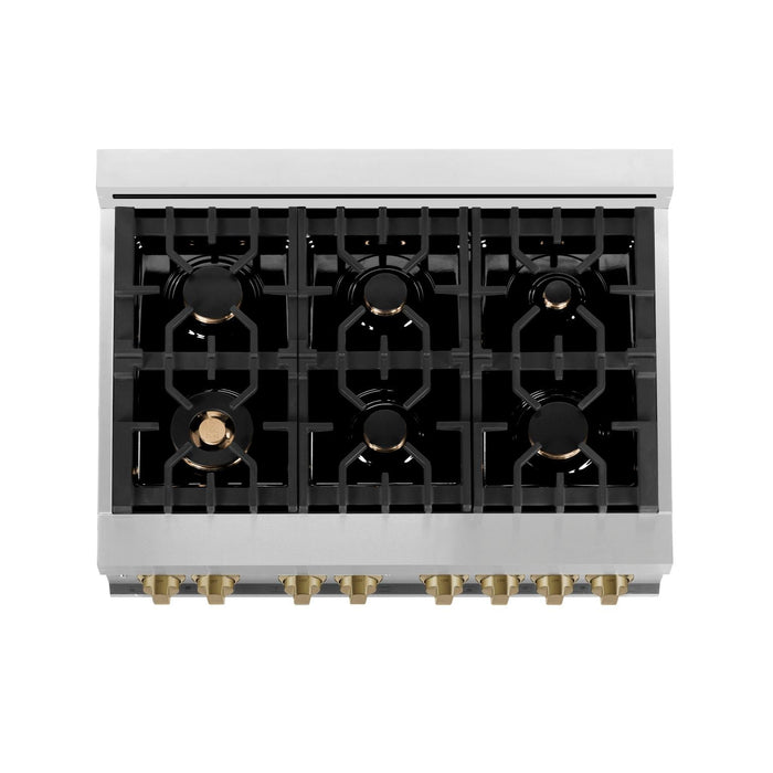 ZLINE Autograph Package - 36 In. Dual Fuel Range, Range Hood, Dishwasher in Stainless Steel with Champagne Bronze Accents, 3AKP-RARHDWM36-CB