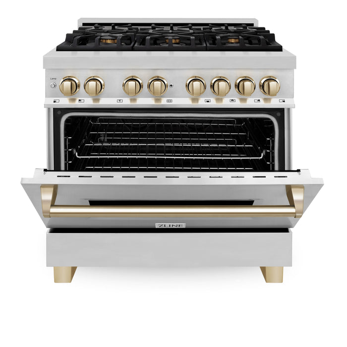 ZLINE Autograph Package - 36 In. Dual Fuel Range, Range Hood and Dishwasher in Stainless Steel with Gold Accents, 3AKP-RARHDWM36-G