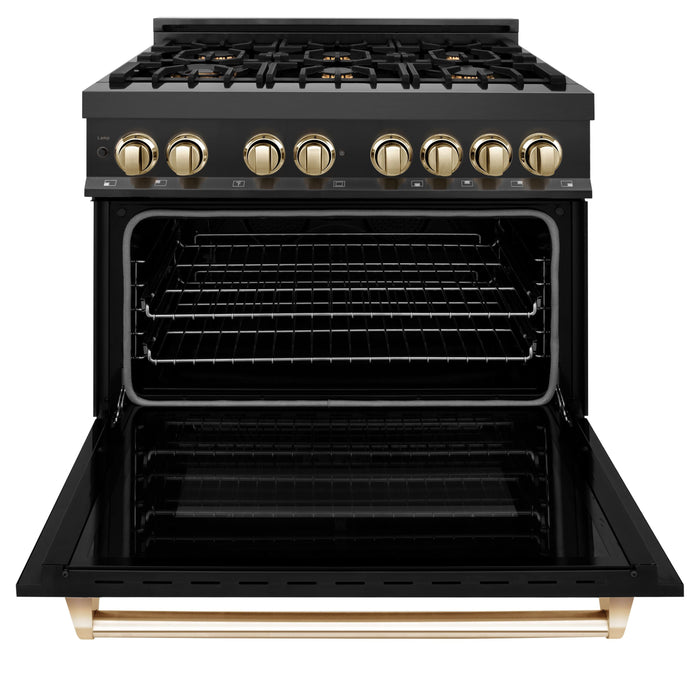 ZLINE Autograph Package - 36 In. Dual Fuel Range, Range Hood in Black Stainless Steel with Gold Accents, 2AKP-RABRH36-G