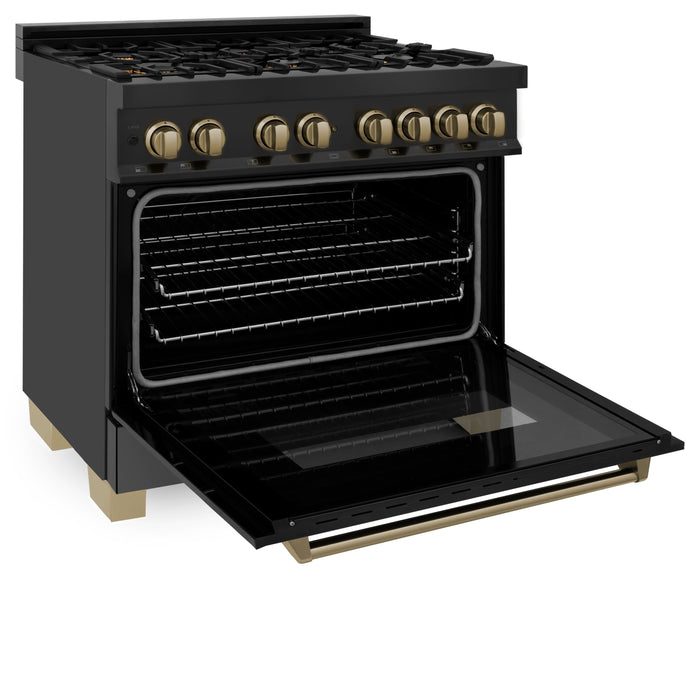 ZLINE Autograph Package - 36 In. Dual Fuel Range and Range Hood in Black Stainless Steel with Champagne Bronze Accents, 2AKP-RABRH36-CB