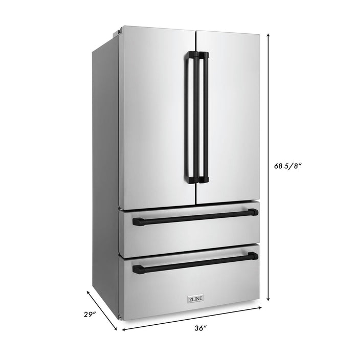 ZLINE Autograph Package - 36 In. Gas Range, Range Hood, Dishwasher, Refrigerator with Matte Black Accents, 4KAPR-RGRHDWM36-MB