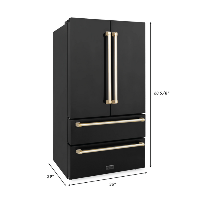 ZLINE Autograph Package - 36 In. Gas Range, Range Hood, Refrigerator, and Dishwasher in Black Stainless Steel with Gold Accents, 4AKPR-RGBRHDWV36-G