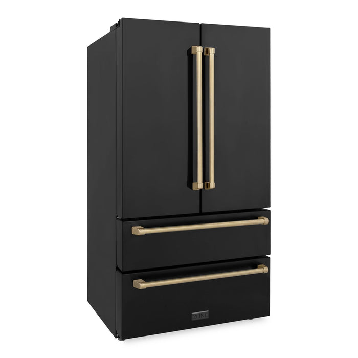 ZLINE Autograph Package - 36 Inch Gas Range, Range Hood, Dishwasher, Refrigerator in Black with Champagne Bronze Accents, 4AKPR-RGBRHDWV36-CB