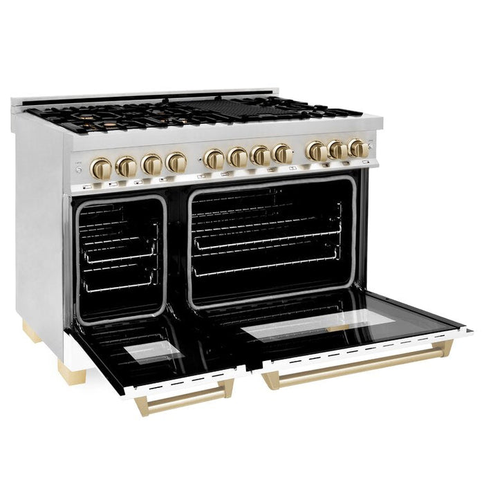 ZLINE Autograph Package - 48" Dual Fuel Range, Hood, Refrigerator with Water and Ice Dispenser, Dishwasher - Gold Accents