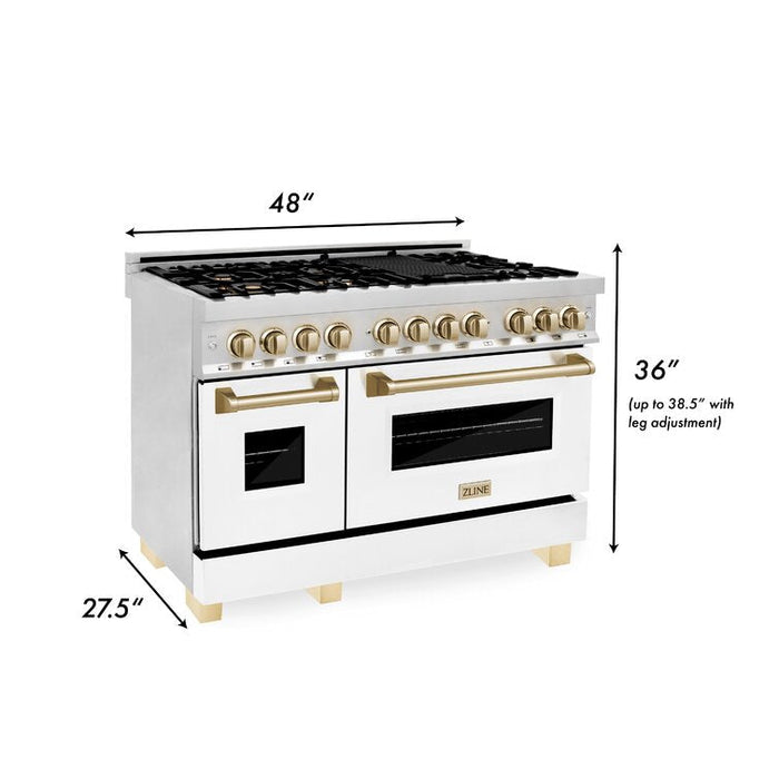 ZLINE Autograph Package - 48" Dual Fuel Range, Hood, Refrigerator with Water and Ice Dispenser, Dishwasher - Gold Accents