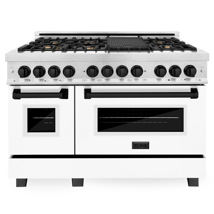 ZLINE Autograph Package - 48" Dual Fuel Range, Range Hood, Dishwasher in DuraSnow® Stainless Steel, Matte Black Accents