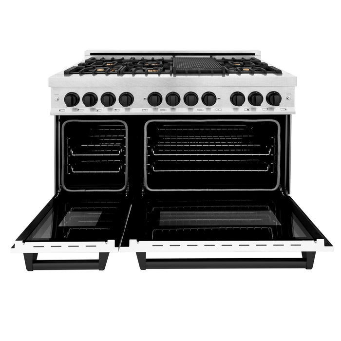 ZLINE Autograph Package - 48" Dual Fuel Range, Range Hood, Dishwasher in DuraSnow® Stainless Steel, Matte Black Accents