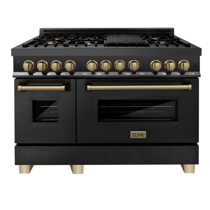 ZLINE Autograph Package - 48" Dual Fuel Range, Range Hood, Refrigerator, Dishwasher in Black Stainless, Bronze Accents