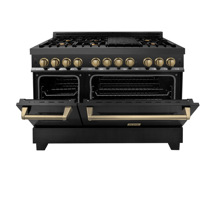 ZLINE Autograph Package - 48" Dual Fuel Range, Range Hood, Refrigerator, Dishwasher in Black Stainless, Bronze Accents