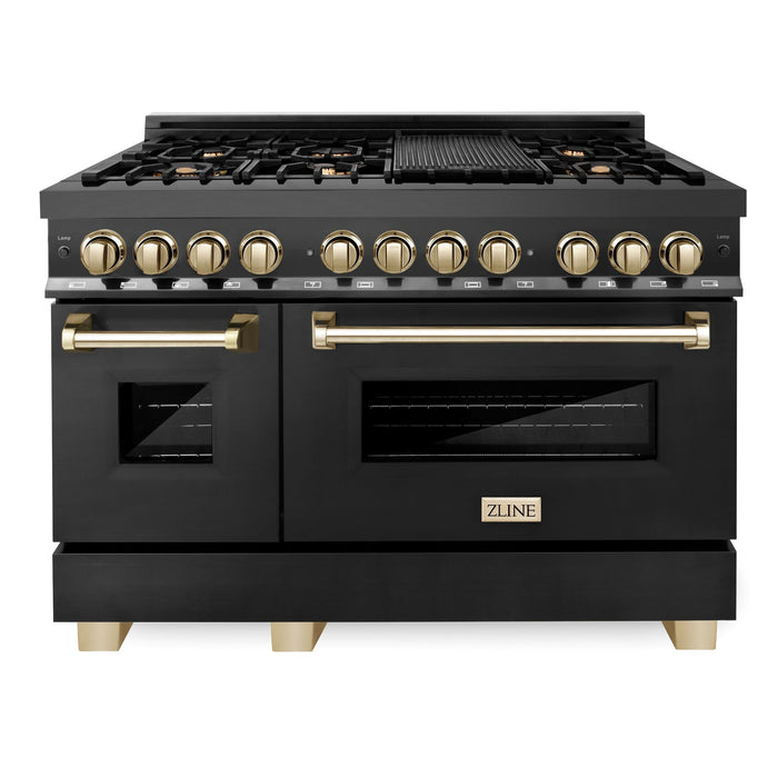 ZLINE Autograph Package - 48" Dual Fuel Range, Range Hood, Refrigerator, Dishwasher in Black Stainless with Gold Accents