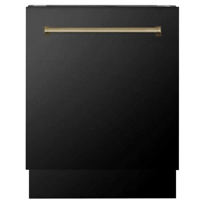 ZLINE Autograph Package - 48" Dual Fuel Range, Range Hood, Refrigerator, Microwave and Dishwasher in Black Stainless Steel with Bronze Accents