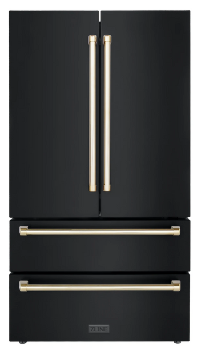 ZLINE Autograph Package - 48" Dual Fuel Range, Range Hood, Refrigerator, Microwave and Dishwasher in Black Stainless Steel with Gold Accents