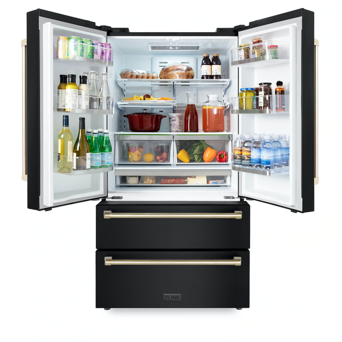 ZLINE Autograph Package - 48" Dual Fuel Range, Range Hood, Refrigerator, Microwave and Dishwasher in Black Stainless Steel with Gold Accents