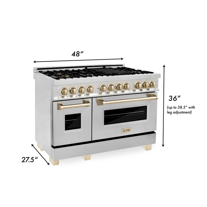 ZLINE Autograph Package - 48" Dual Fuel Range, Range Hood, Refrigerator,  Microwave and Dishwasher in Stainless Steel with Gold Accents