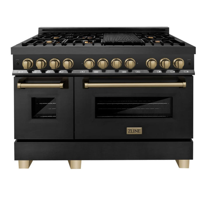 ZLINE Autograph Package - 48" Dual Fuel Range, Range Hood, Refrigerator with Water and Ice Dispenser, Microwave and Dishwasher in Black Stainless Steel with Bronze Accents