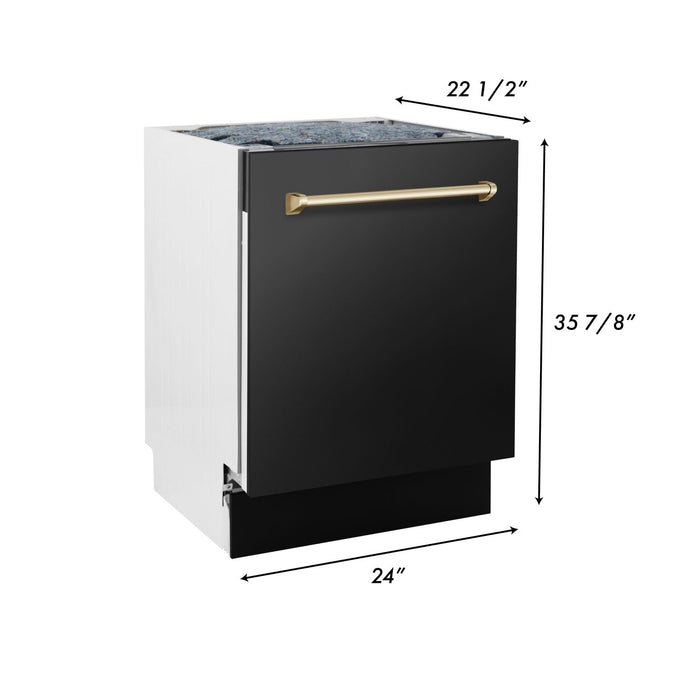 ZLINE Autograph Package - 48" Dual Fuel Range, Range Hood, Refrigerator with Water and Ice Dispenser, Microwave and Dishwasher in Black Stainless Steel with Gold Accents