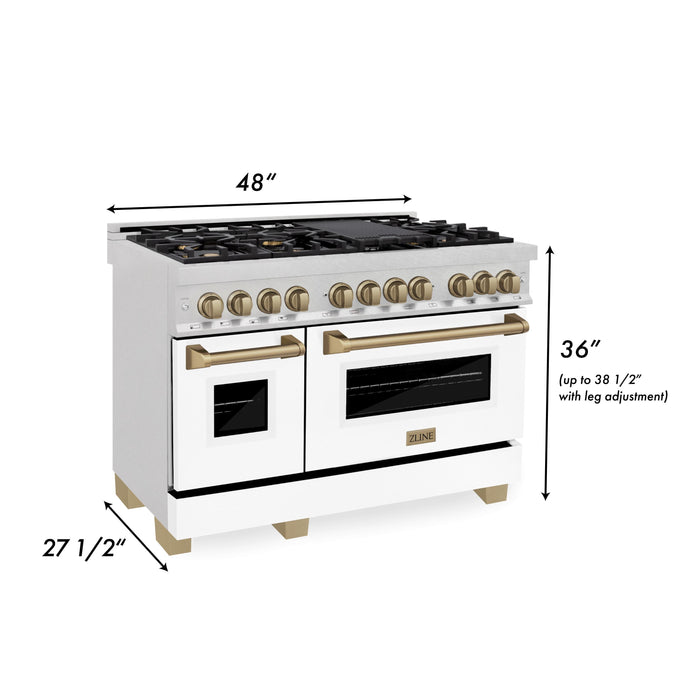 ZLINE Autograph Package - 48" Dual Fuel Range, Range Hood in DuraSnow® Stainless Steel, White Matte Door, Bronze Accents