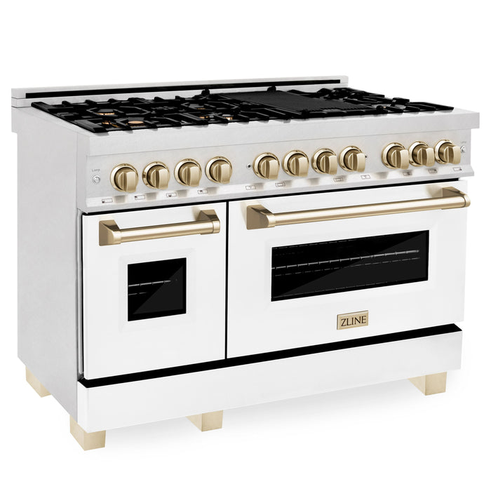 ZLINE Autograph Package - 48" Dual Fuel Range, Range Hood in DuraSnow® Stainless Steel, White Matte Finish, Gold Accents