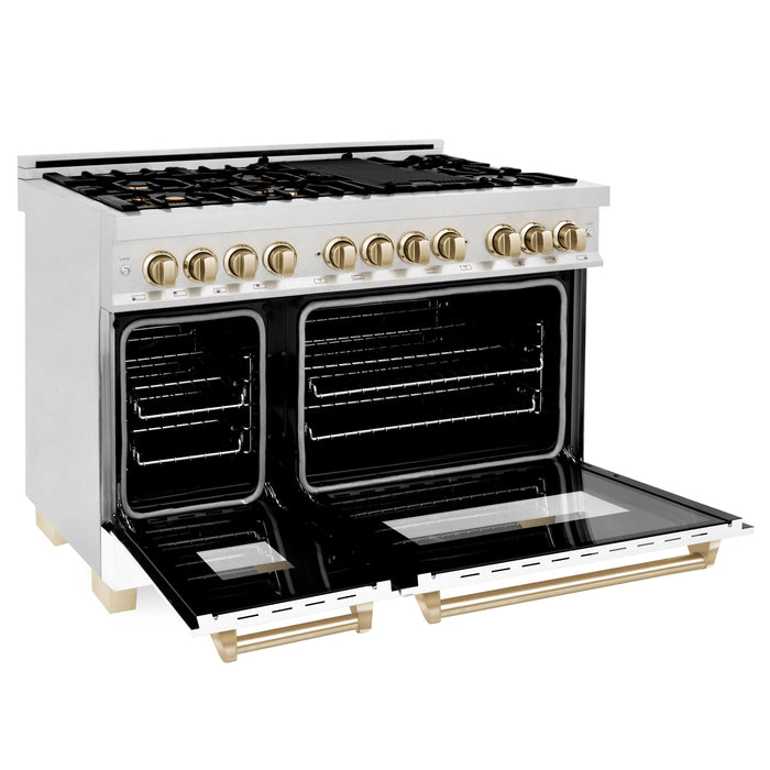 ZLINE Autograph Package - 48" Dual Fuel Range, Range Hood in DuraSnow® Stainless Steel, White Matte Finish, Gold Accents