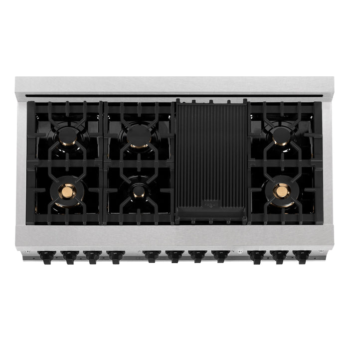 ZLINE Autograph Package - 48" Gas Range, Range Hood in DuraSnow® and Matte Black Accents