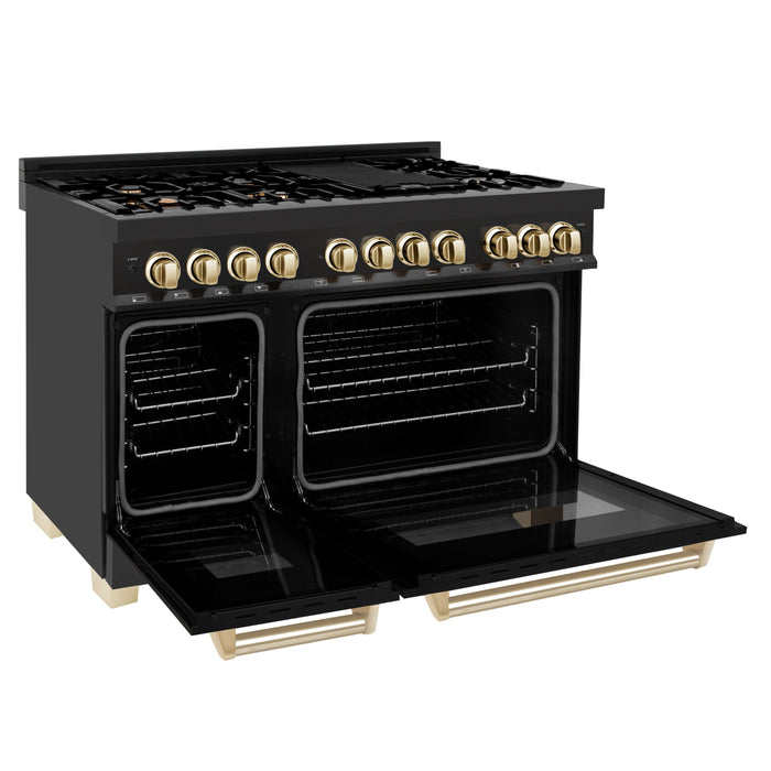 ZLINE Autograph Package - 48 In. Dual Fuel Range, Range Hood, Dishwasher in Black Stainless Steel with Gold Accent, 3AKP-RABRHDWV48-G