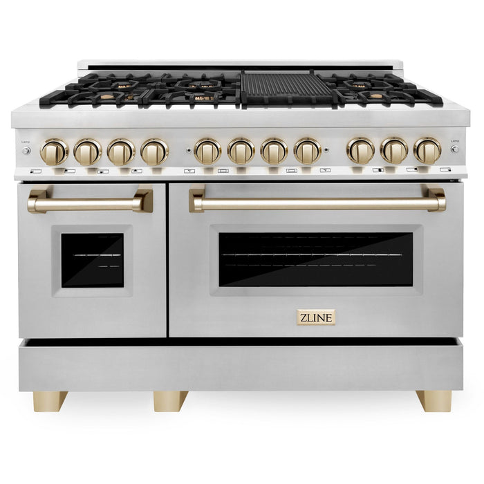 ZLINE Autograph Package - 48 In. Dual Fuel Range, Range Hood, Refrigerator, and Dishwasher in Stainless Steel with Gold Accents, 4KAPR-RARHDWM48-G