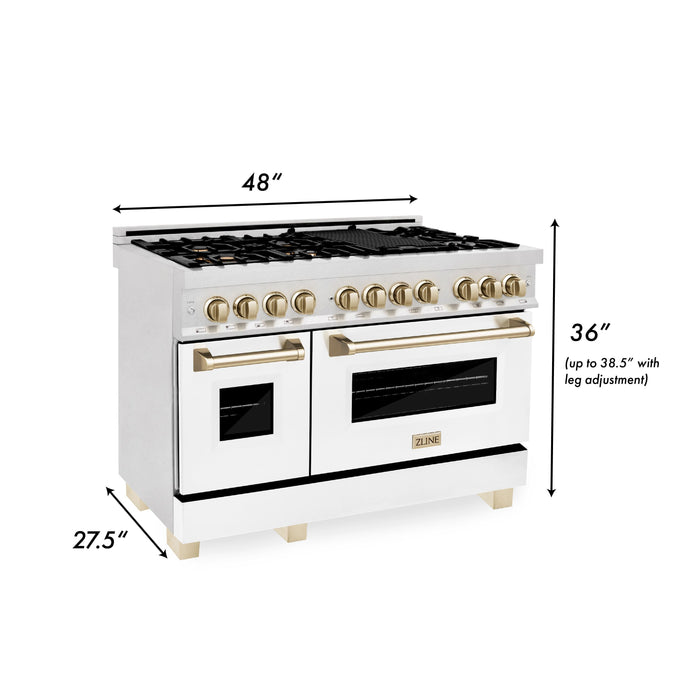 ZLINE Autograph Package - 48 In. Dual Fuel Range, Range Hood and Dishwasher with White Matte Door and Gold Accents, 3AKPR-RASWMRHDWM48-G