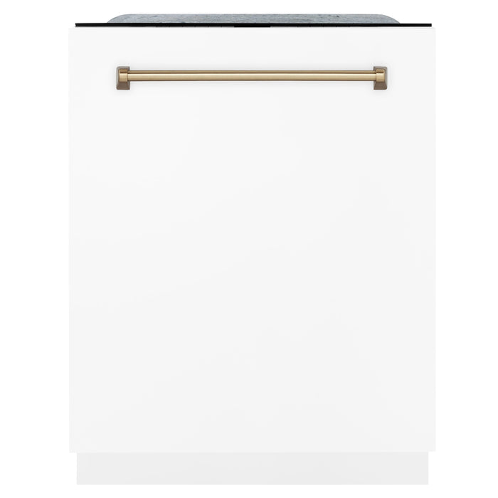 ZLINE Autograph Package - 48 In. Dual Fuel Range, Range Hood, and Dishwasher with White Matte Finish and Bronze Accents, 3AKPR-RASWMRHDWM48-CB