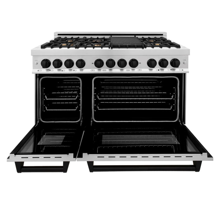 ZLINE Autograph Package - 48 In. Dual Fuel Range, Range Hood in Stainless Steel with Matte Black Accents, 2AKP-RARH48-MB