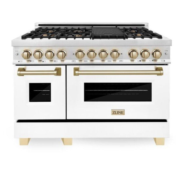 ZLINE Autograph Package - 48 In. Dual Fuel Range and Range Hood with White Matte Door and Gold Accents, 2AKP-RAWMRH48-G