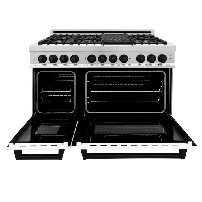 ZLINE Autograph Package - 48 In. Dual Fuel Range and Range Hood with White Matte Door and Matte Black Accents, 2AKP-RAWMRH48-MB