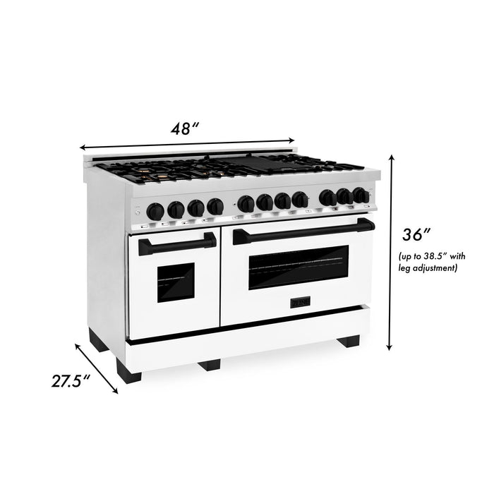 ZLINE Autograph Package - 48 In. Dual Fuel Range and Range Hood with White Matte Door and Matte Black Accents, 2AKP-RAWMRH48-MB