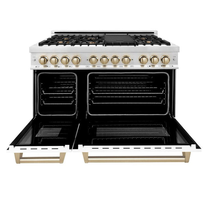 ZLINE Autograph Package - 48 In. Dual Fuel Range with Gold Accent, Range Hood, Dishwasher in White Matte, 3AKP-RAWMRHDWM48-G