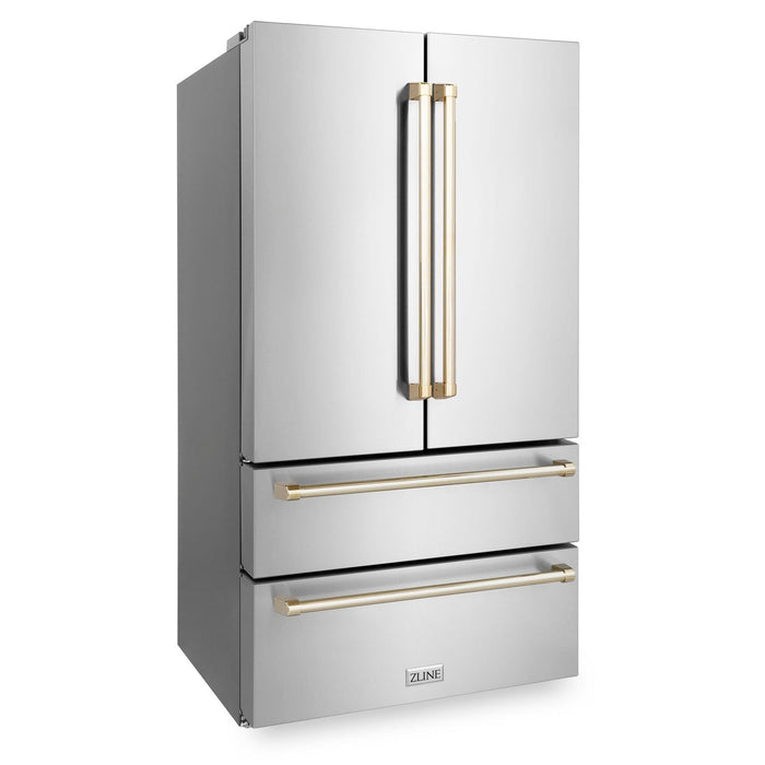 ZLINE Autograph Package - 48 In. Gas Range, Range Hood, Refrigerator, Dishwasher with Gold Accents, 4KAPR-RGWMRHDWM48-G